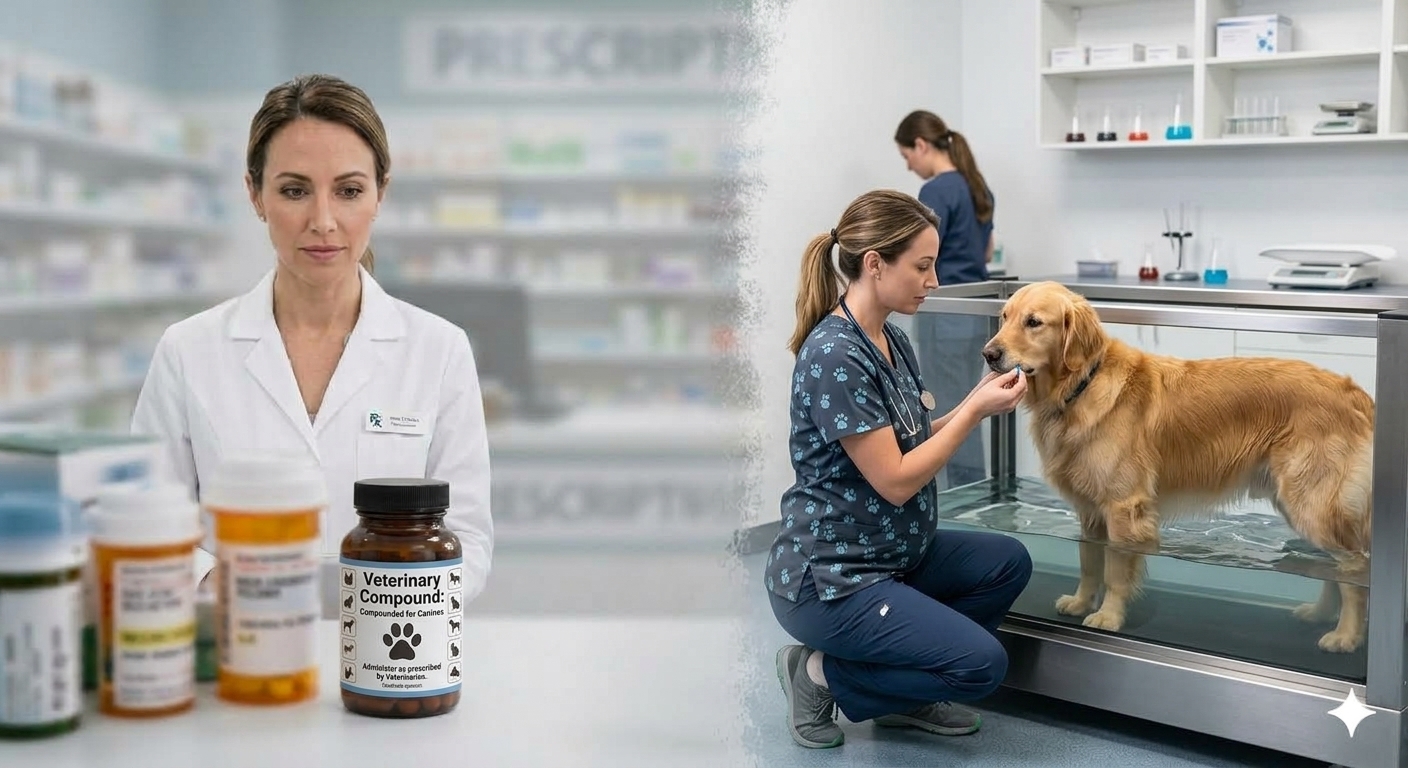 Veterinary pharmacist and veterinarian caring for a dog